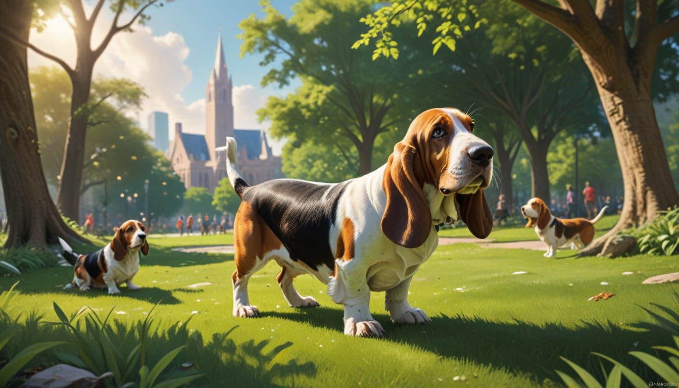 Basset Hound Adventure in Sunlit Park