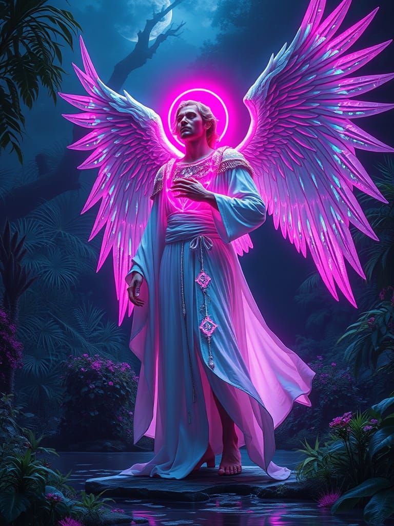Archangel Radiating Light in Bioluminescent Garden