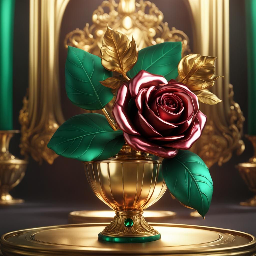 Metallic Gold Rose with Emerald Leaves