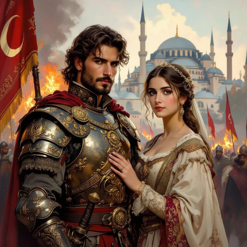 Ottoman Commander and Byzantine Woman in Burning City