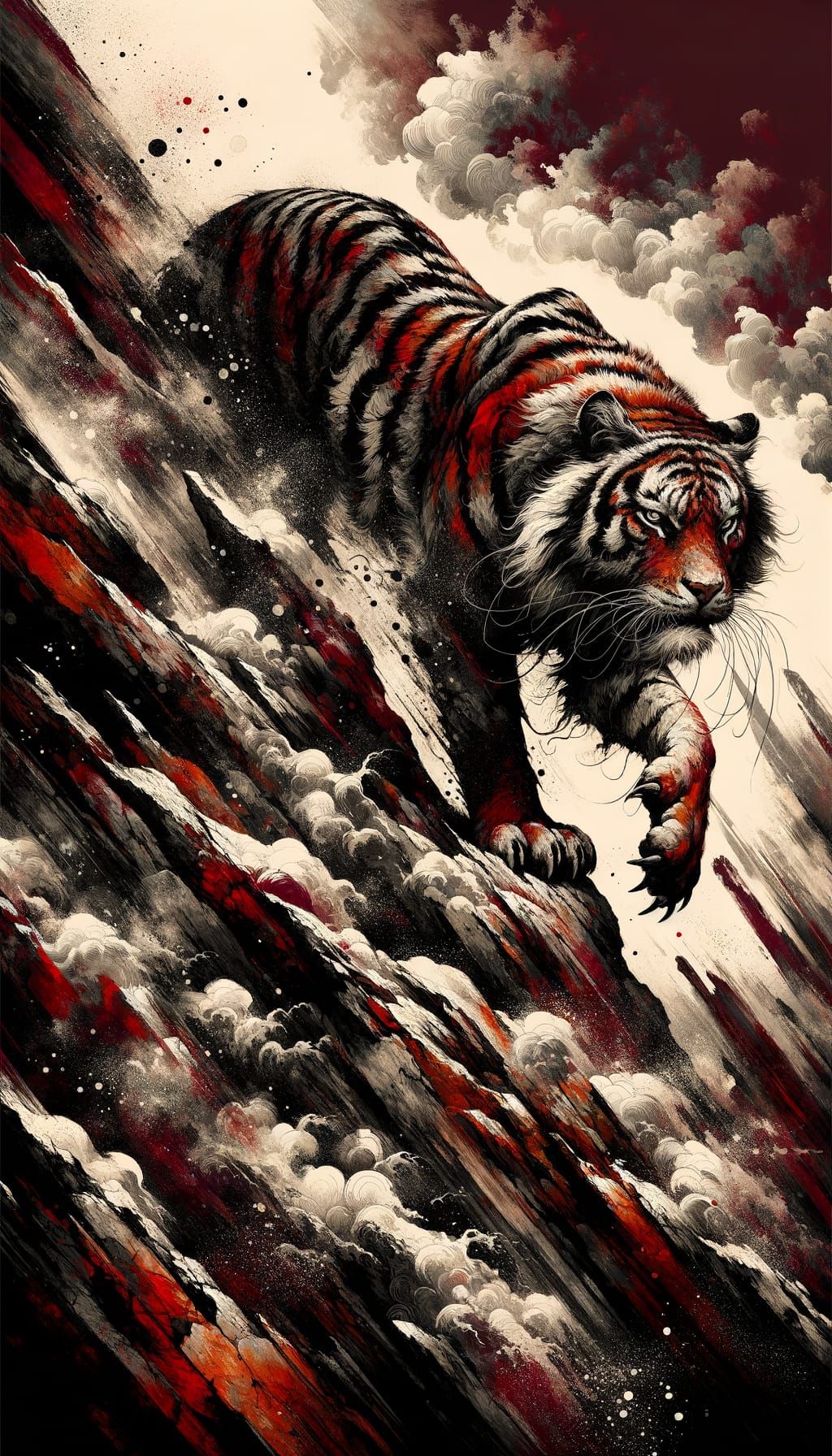 Tiger Descending Rock Face in Japanese Art Style