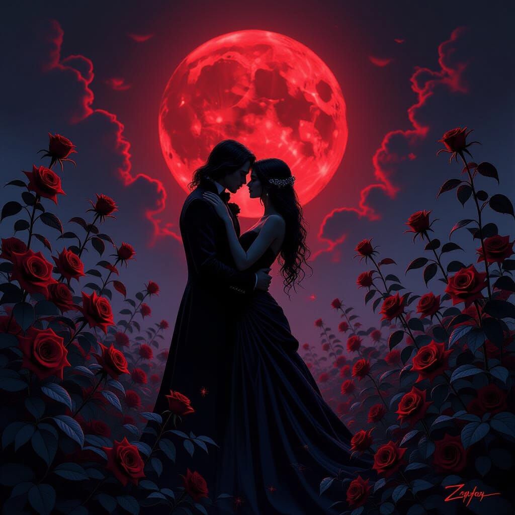 Gothic Garden Lovers in Blood Moon Light
