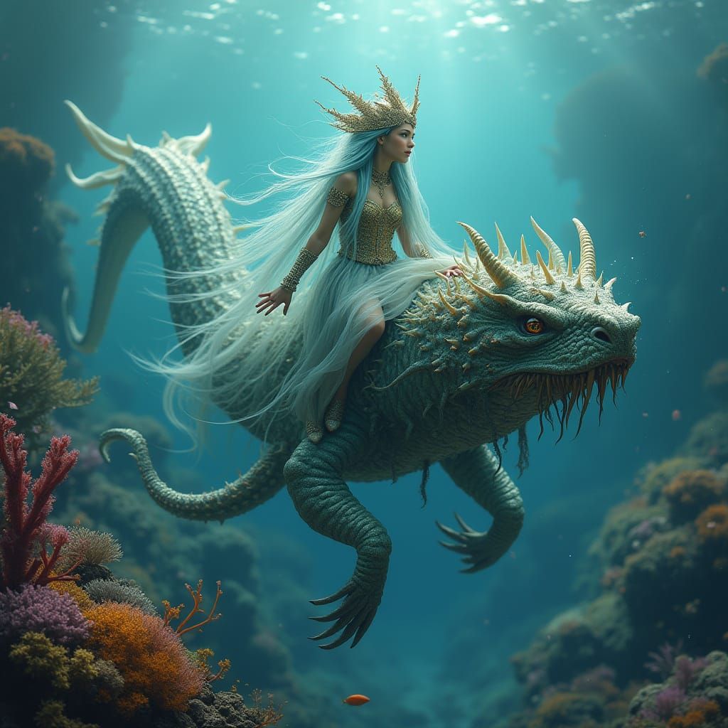 Sea Elf Rides Majestic Kraken in Vibrant Underwater Reef