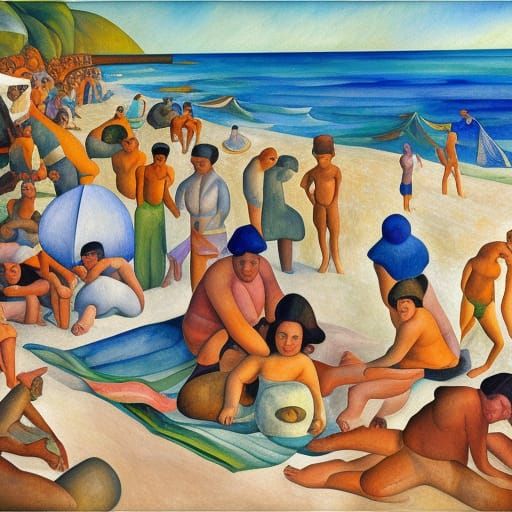 Impressionist Beach Scene in Gouache Style