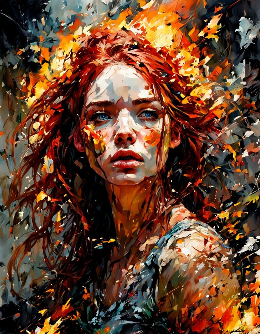 "belle femme rousse entourée de feu, bouche triste, regard f...