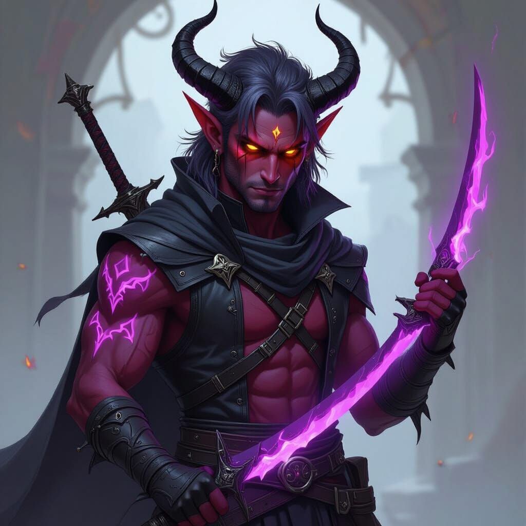 Shadow Priest Tiefling Wields Fiery Obsidian Sabers