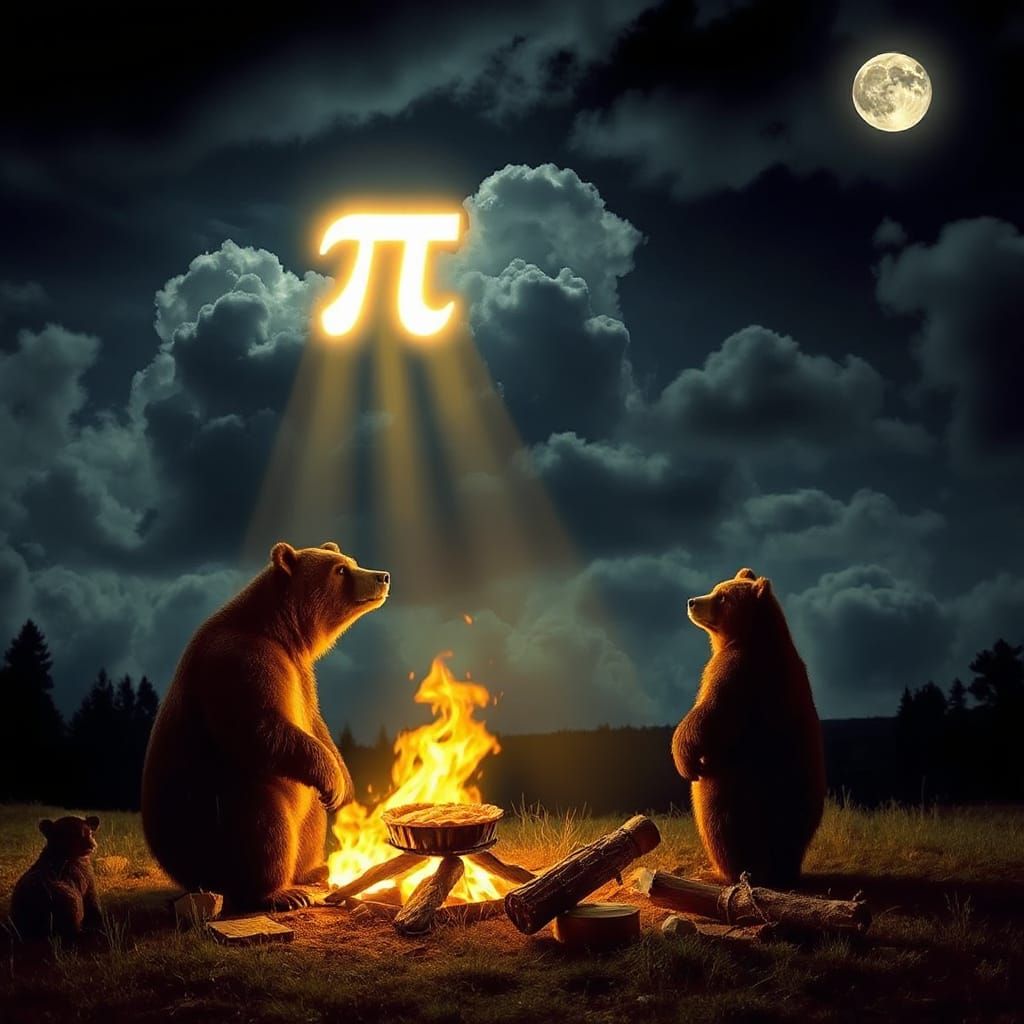 Mystical Bears Watch Glowing Pi Symbol in Night Sky