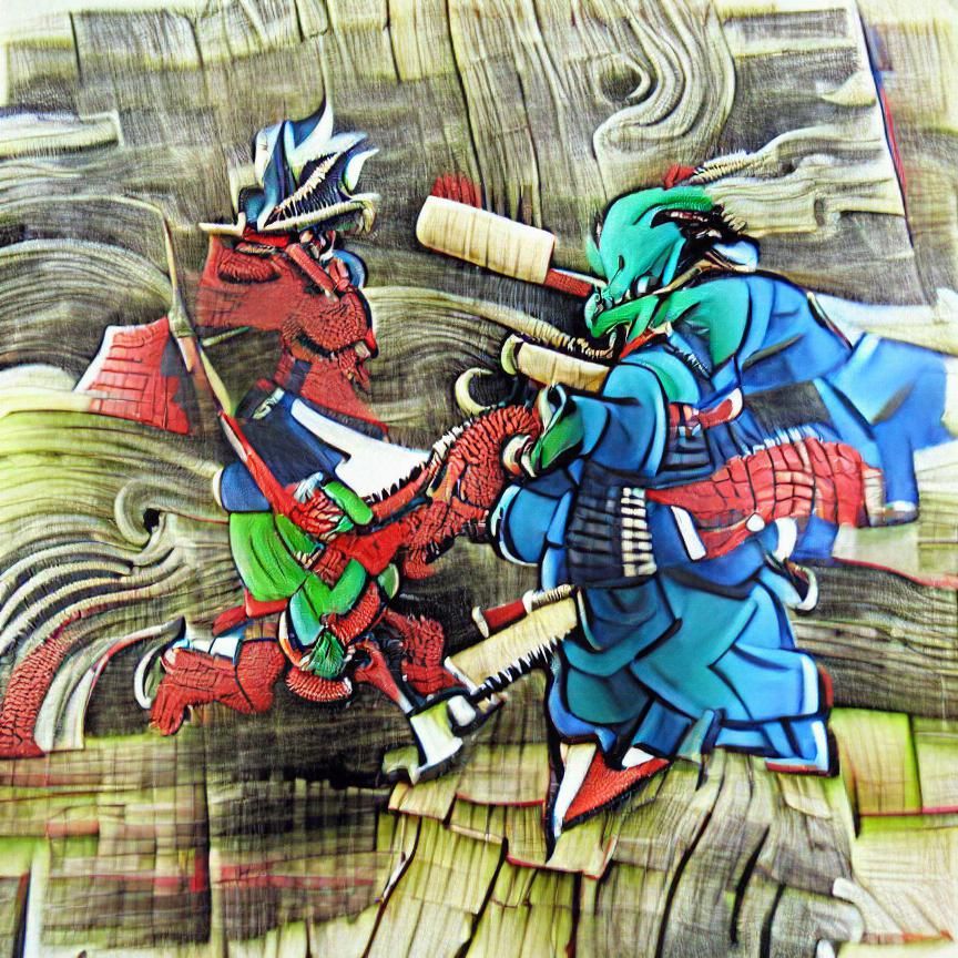 Samurai Dragon Fight in Japanese Woodblock Style