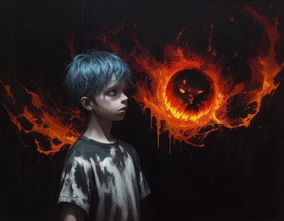 Surreal Oil Painting of Boy with Spectral Glow and Ember Aur...