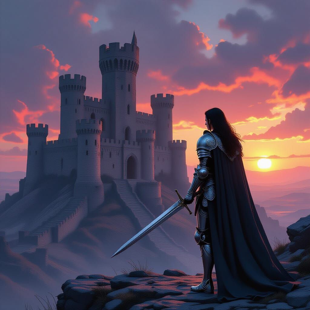 Female Knight in Silver Armor at Castle Ruins