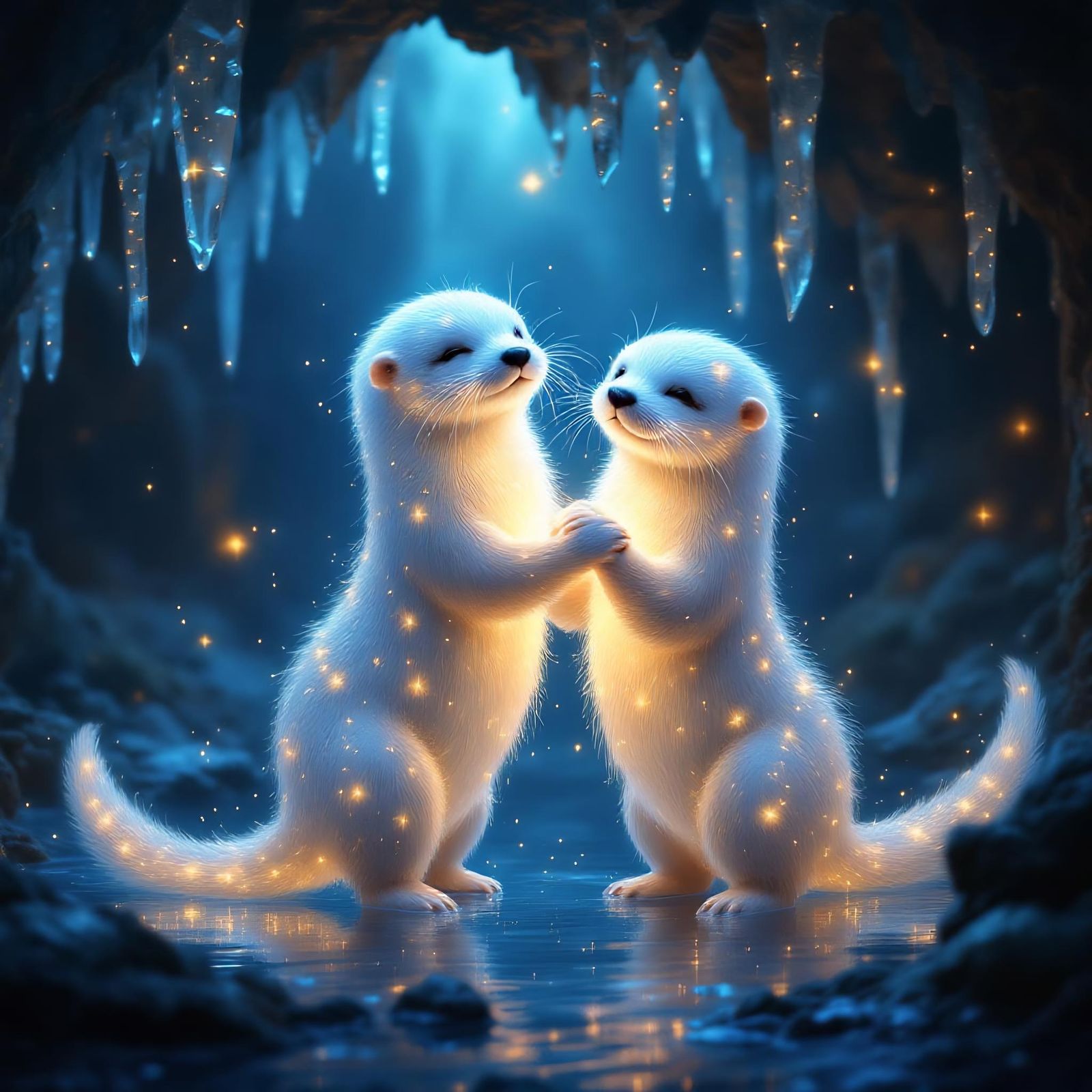 Ethereal Glowing Otters in Mystical Underwater Cave