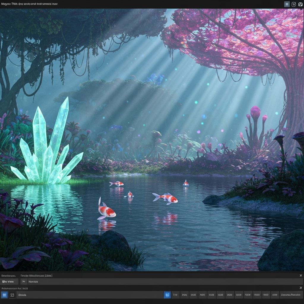 Futuristic Koi Pond on Alien Planet, 3D Render