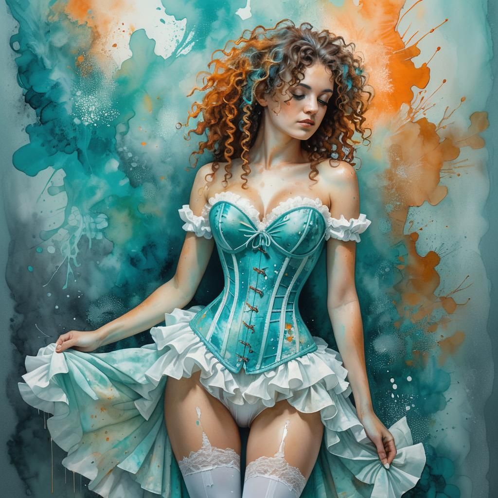 Curly-Haired Woman in Turquoise Corset, Impasto Painting