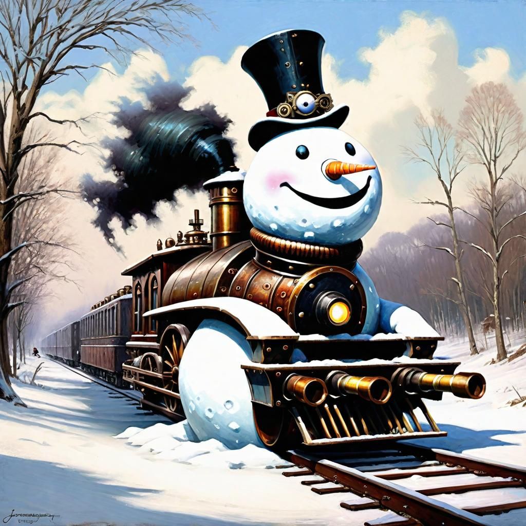 Funny snowman as steampunk train