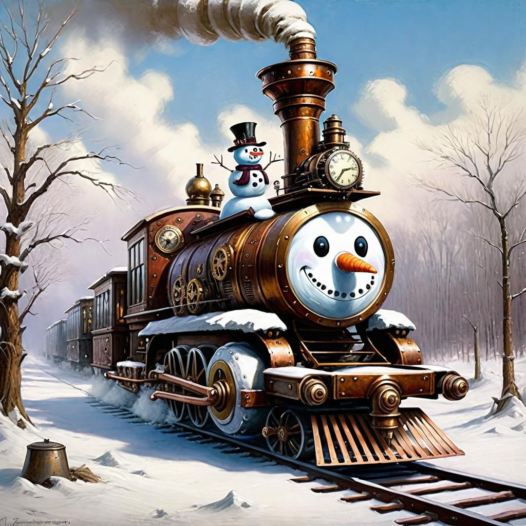 Funny snowman as steampunk train