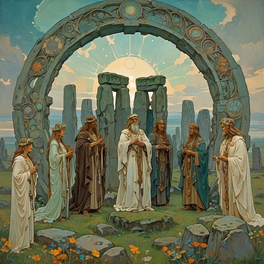Druids at Stonehenge in Art Nouveau Style