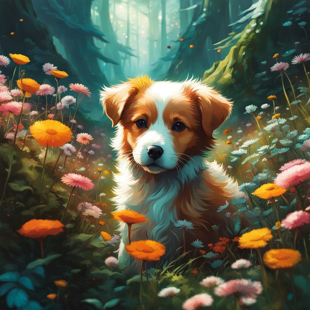 Puppy in Flower Forest: Hyperdetailed Digital Art