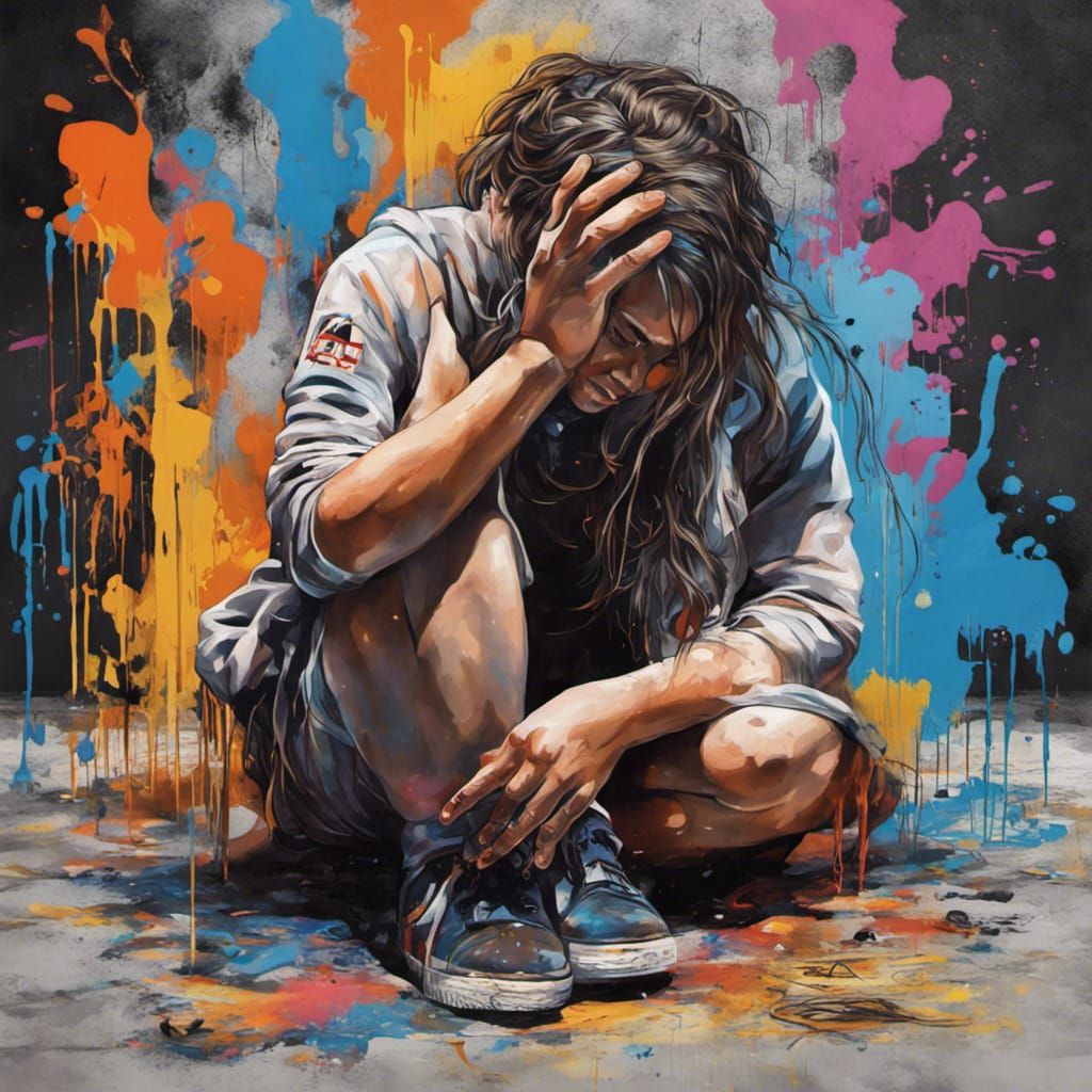 Emotional Graffiti Art: Crying Figure at Woman's Feet