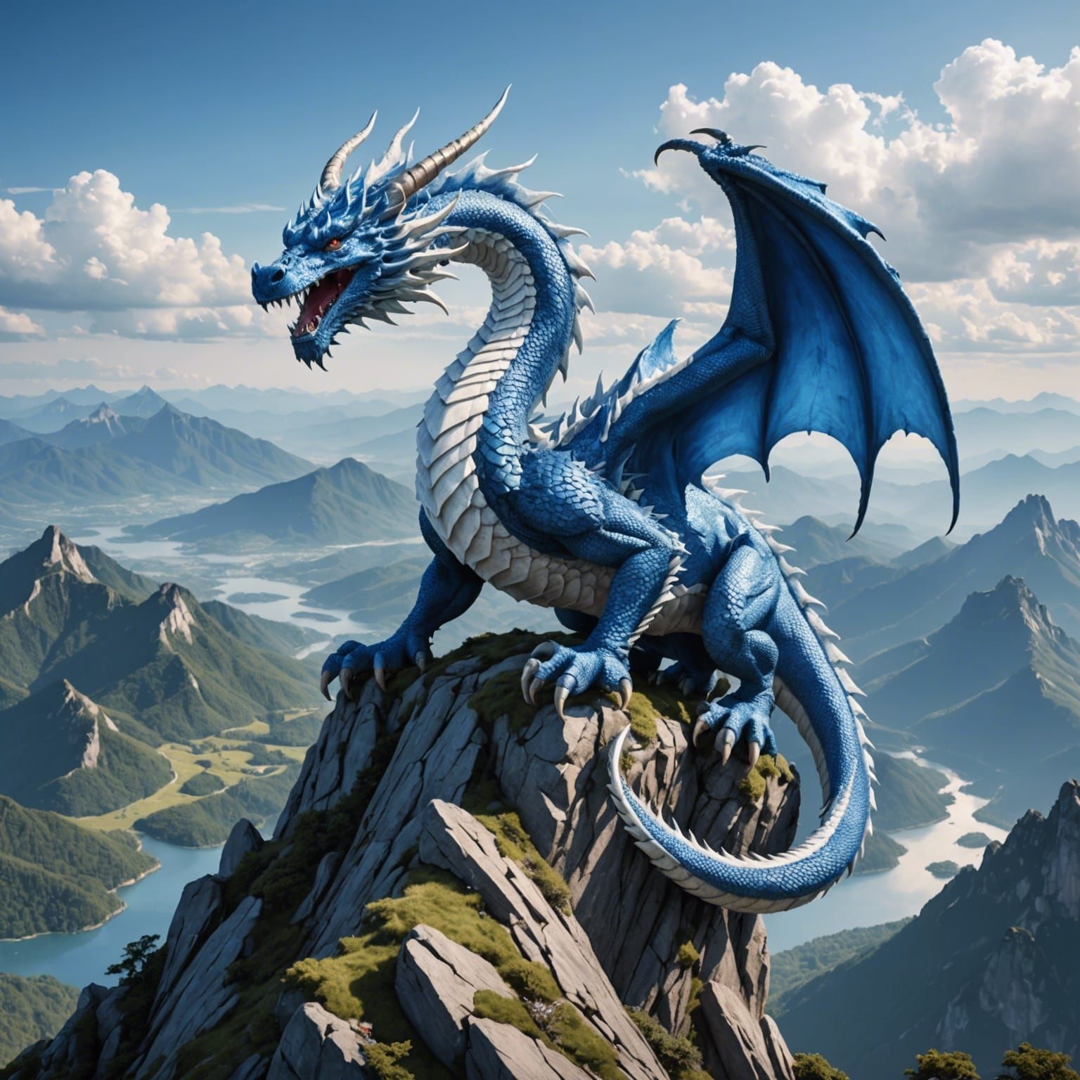 Blue and White Dragon Overlooking Mountain Landscape