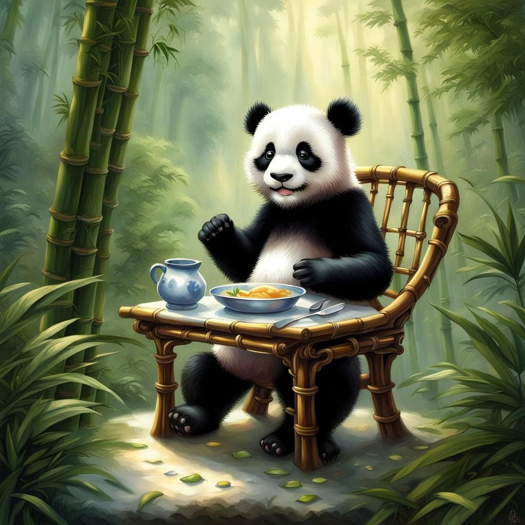 Cute Panda Breakfast in Bamboo Forest