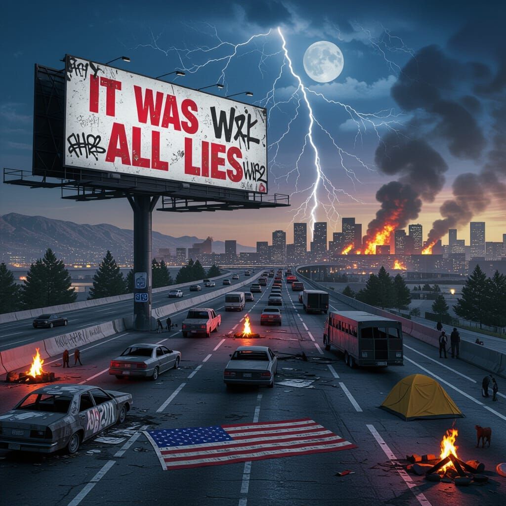 Apocalyptic Freeway Scene with Burning City