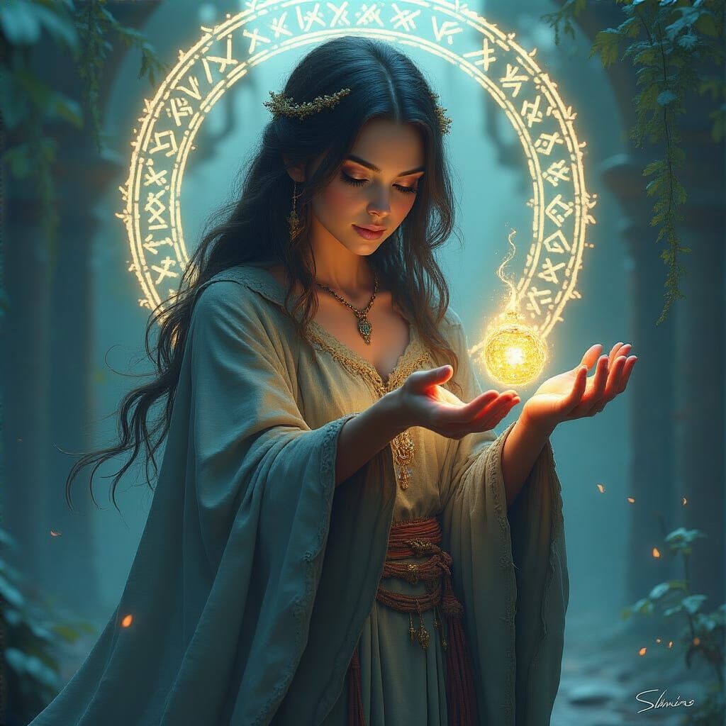 Enchantress Offering a Magical Bead, Digital Art Style