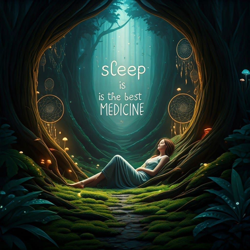 Mystical Forest Scene with Serene Woman and Text