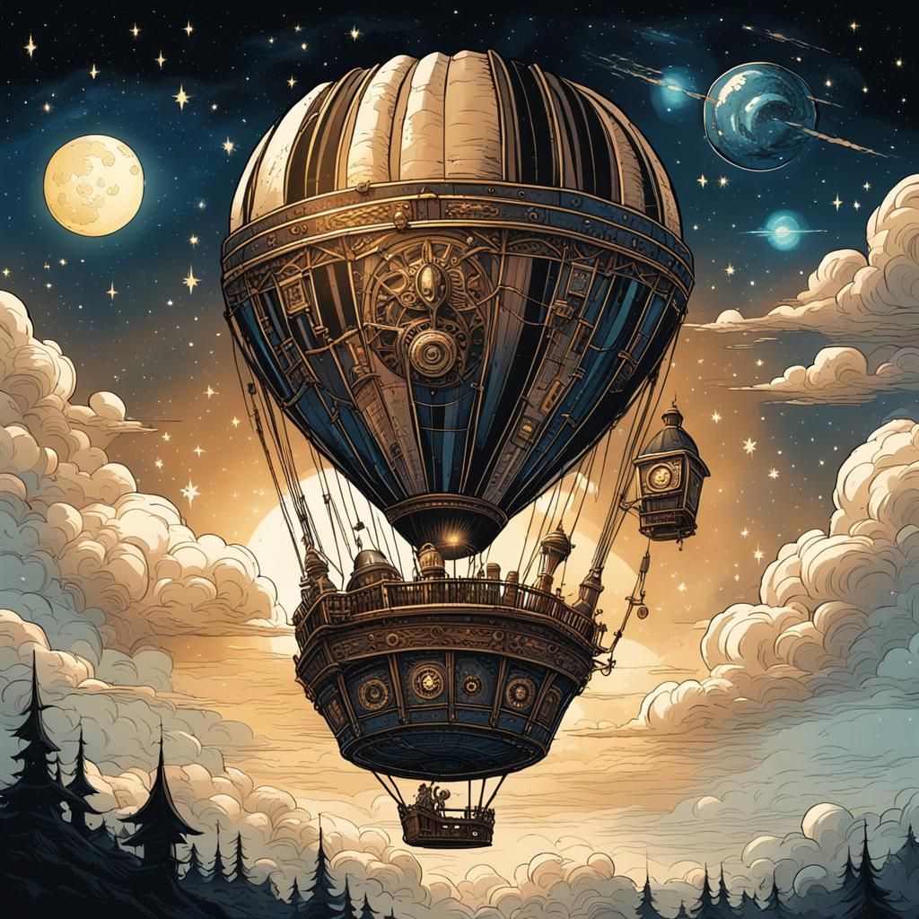hot airballoon in space looks like it is medieval steam punk style in starry sky