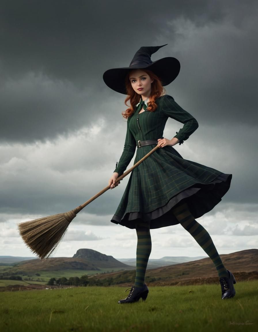 Scottish Witch with Broomstick in Pixar Style