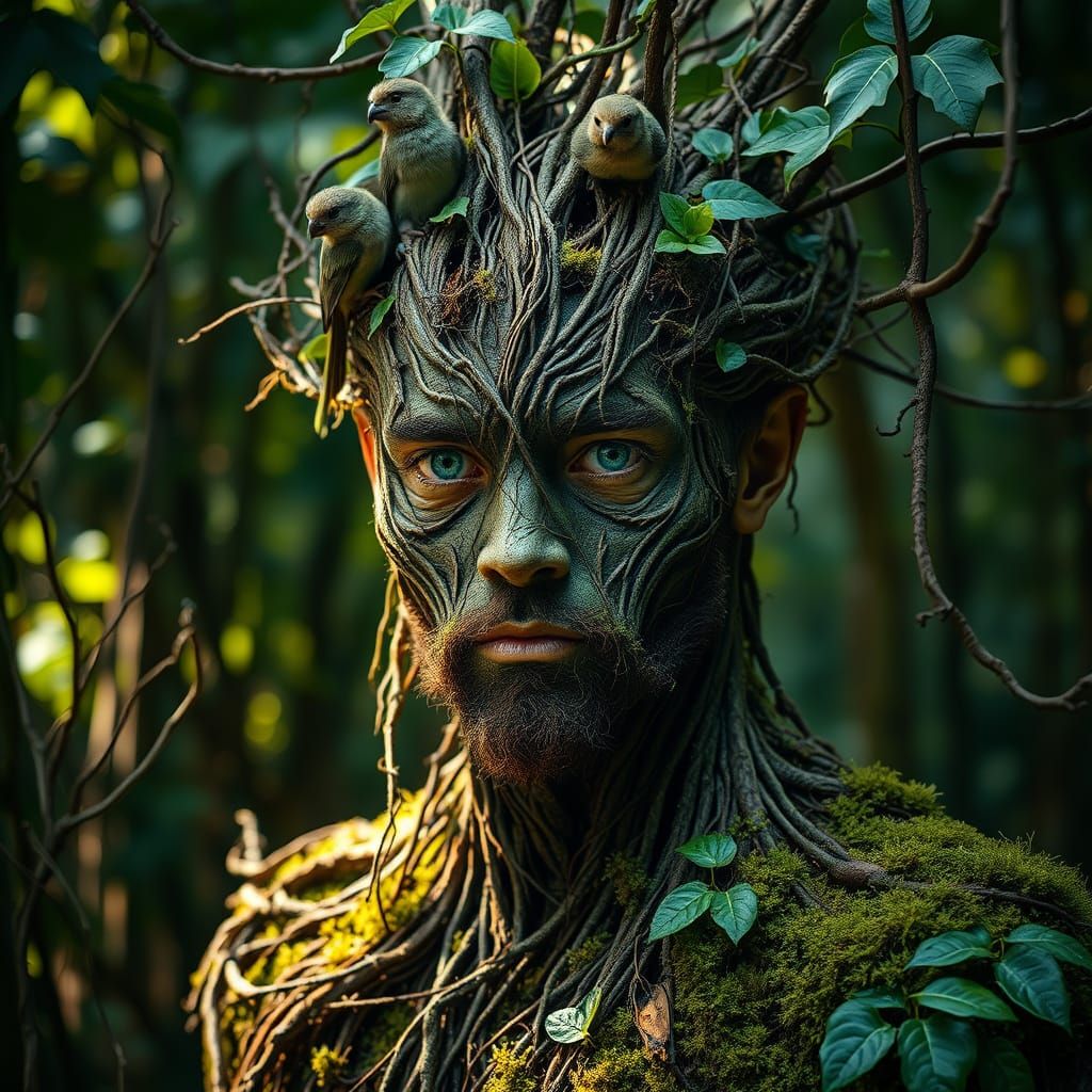 A humanoid made of intertwined roots, moss, and vines
