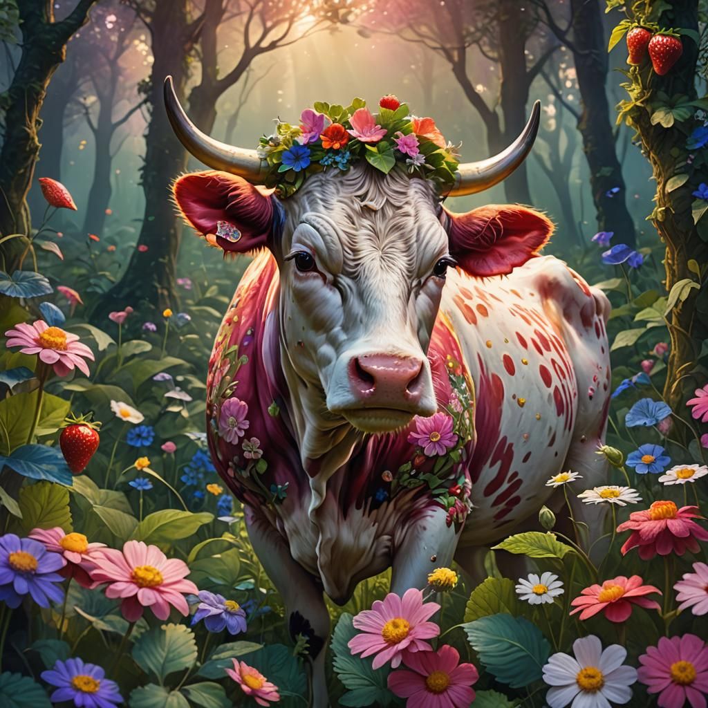 Strawberry Cow in Dreamlike Fantasy Forest