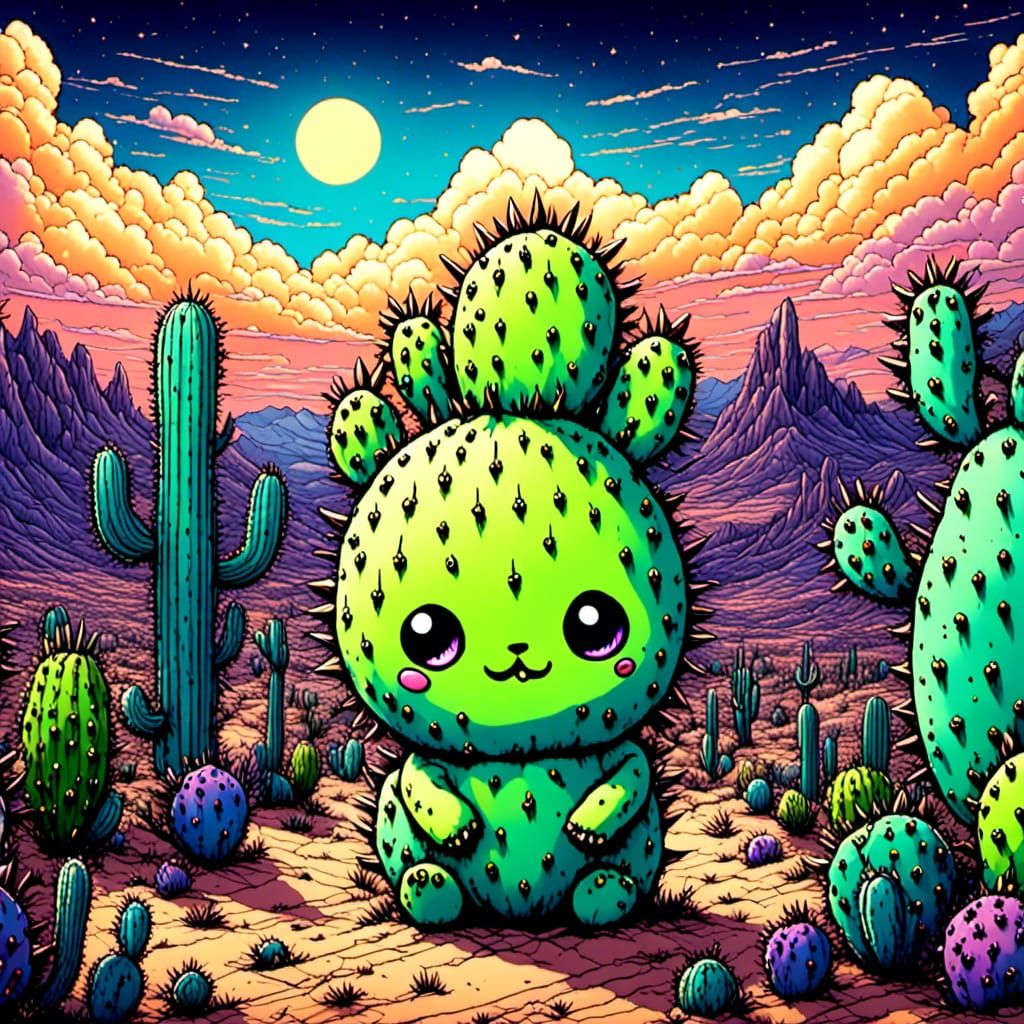 Creepy Cute Prickly Pear Monster in Neon Style