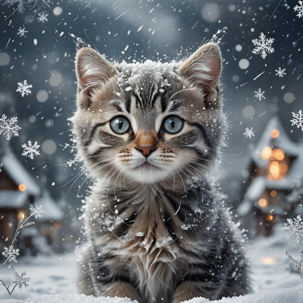 Cute Tabby Kitten in Winter Blizzard, Matte Painting