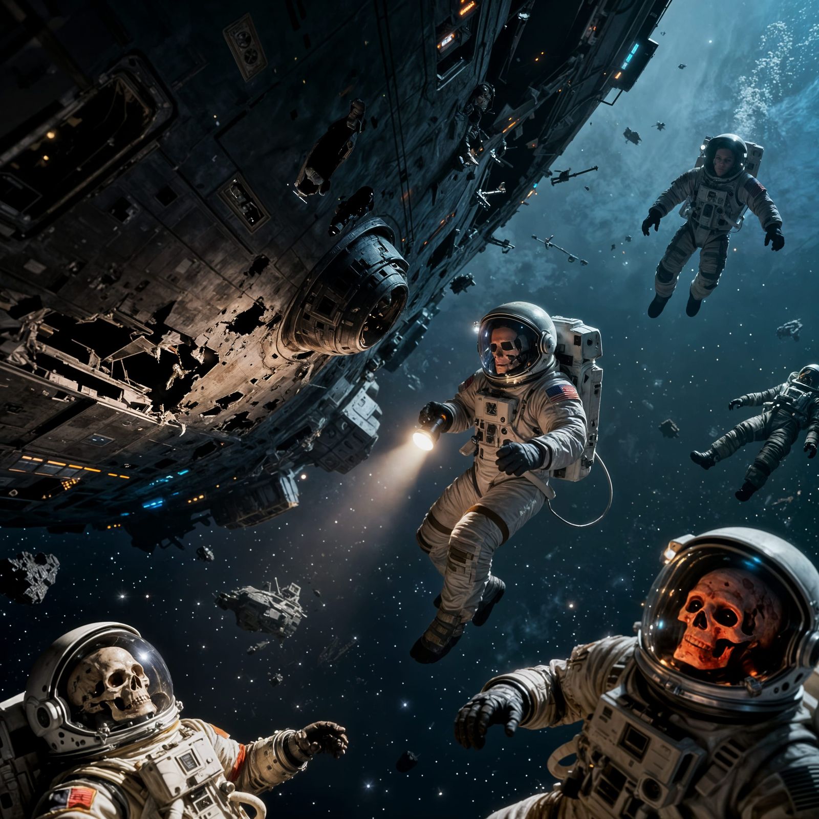 Starship Damaged in Deep Space, Astronaut Examines Hull