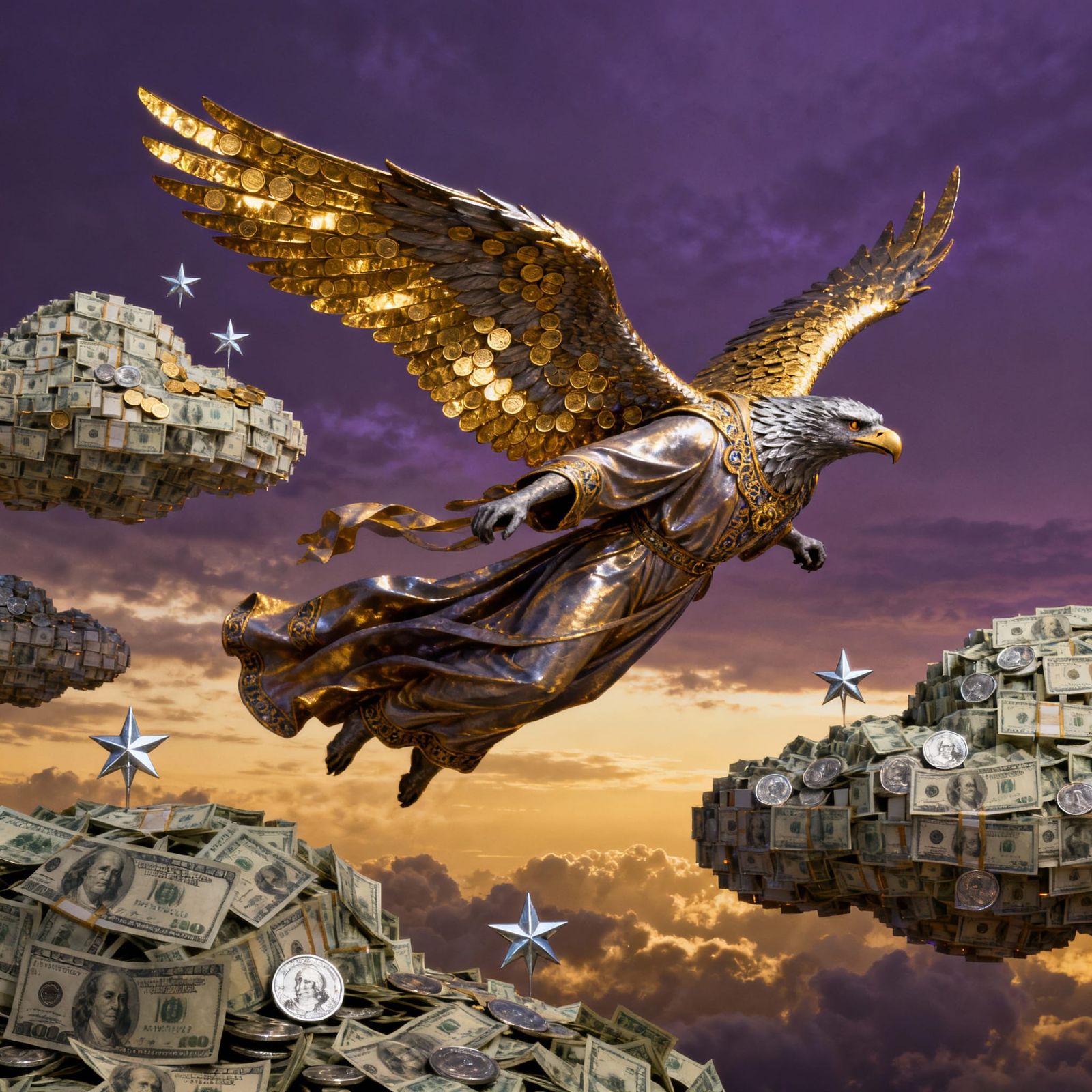 Harpy Soars Through Twilight Sky of Gold and Purple