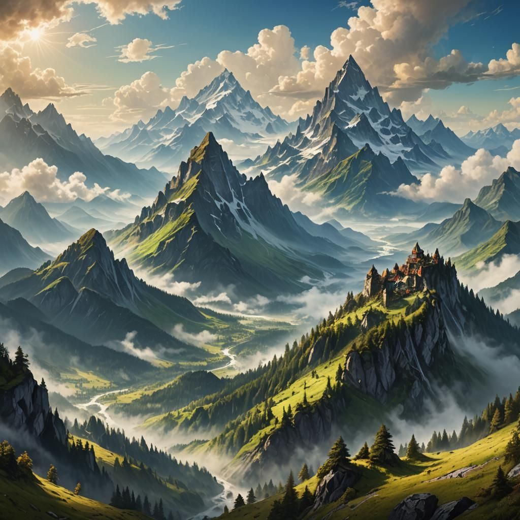 Epic Fantasy Mountain Landscape in Digital Matte Painting