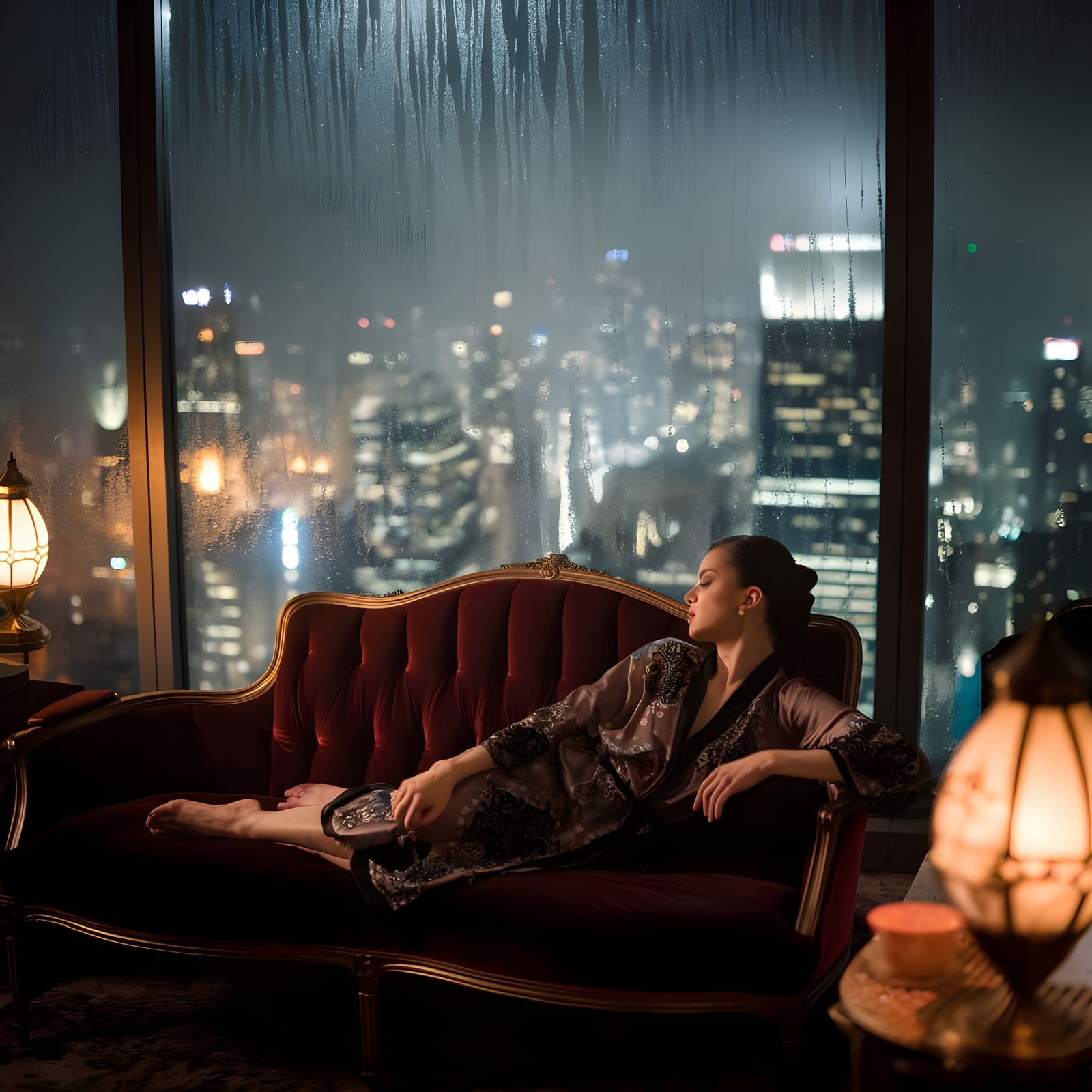 Rainy City View from Penthouse Apartment