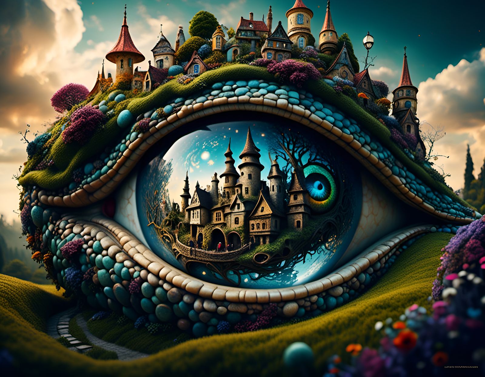 Mystical Village Inside Dragon Eye, Psychedelic Art