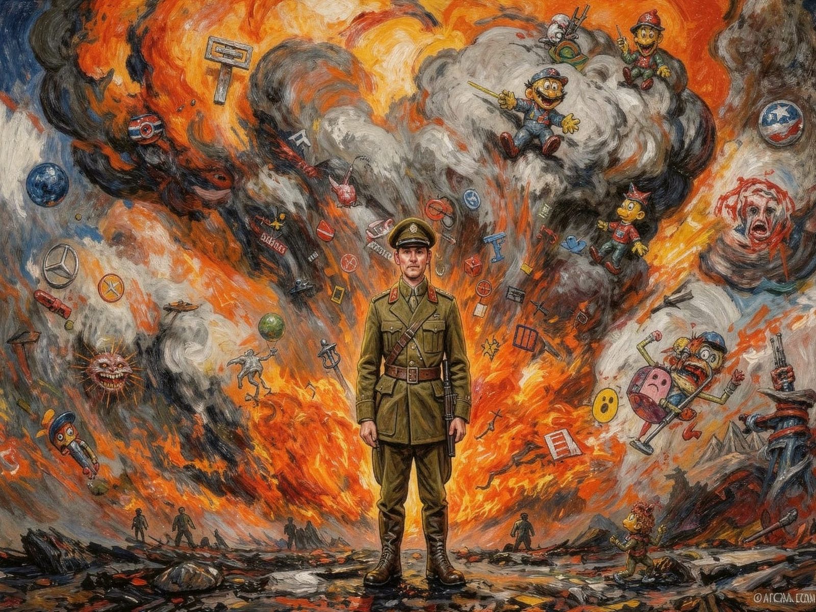 WWI Soldier Amidst Corporate Logos and Cartoon Chaos