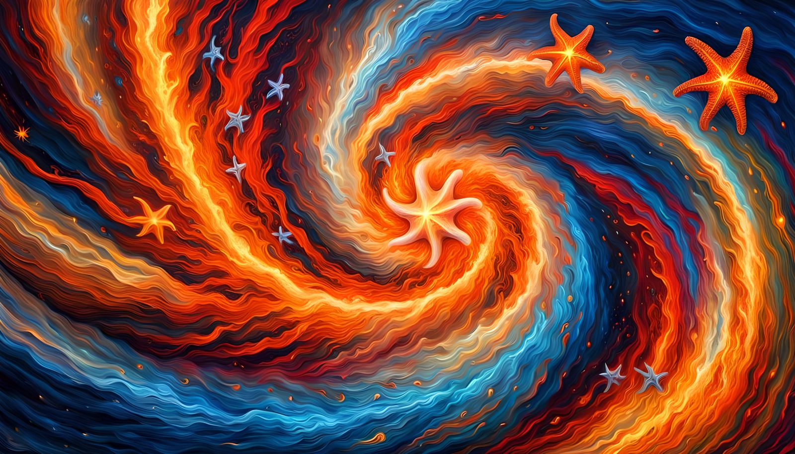 Luminescent Starfish Swirling in Space, Impasto Oil Painting