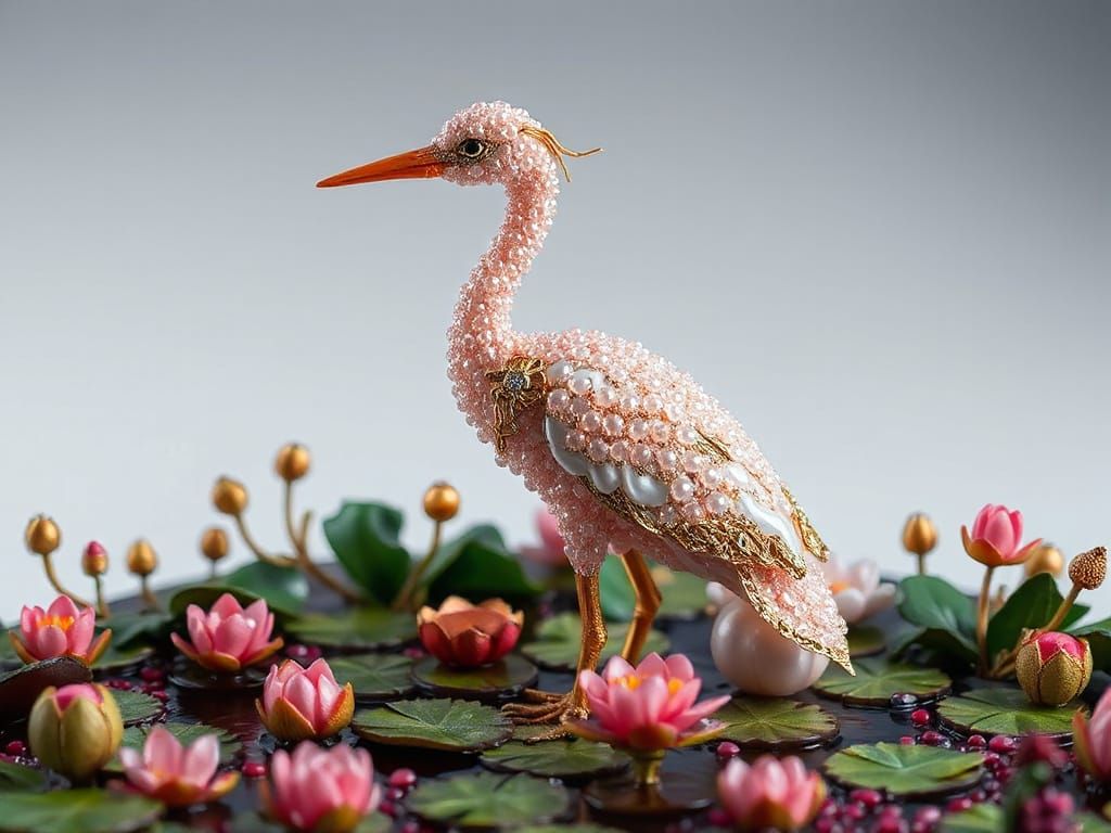 Beaded Heron Sculpture in Lily Pond Diorama