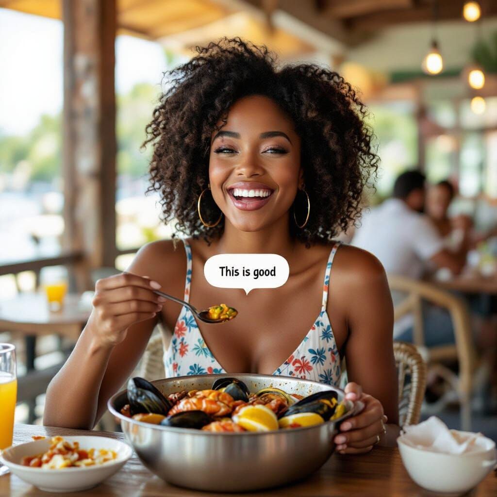 Black Woman Enjoys Seafood Boil, Hyper-Realistic Style