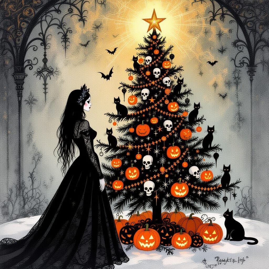 Gothic Woman & Celestial Halloween Christmas Tree