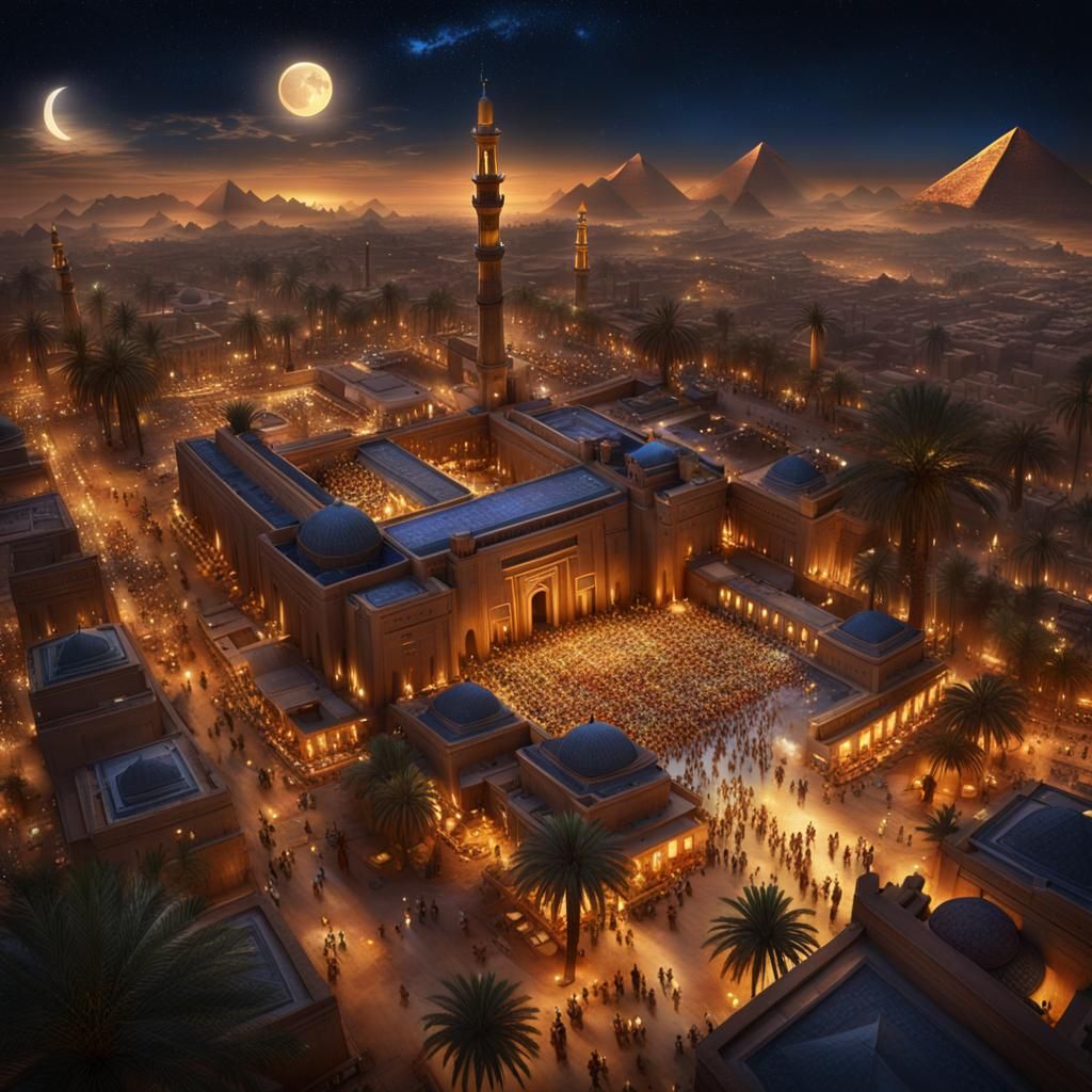 Ancient Egypt Areal View at Night: Ramadan Celebration