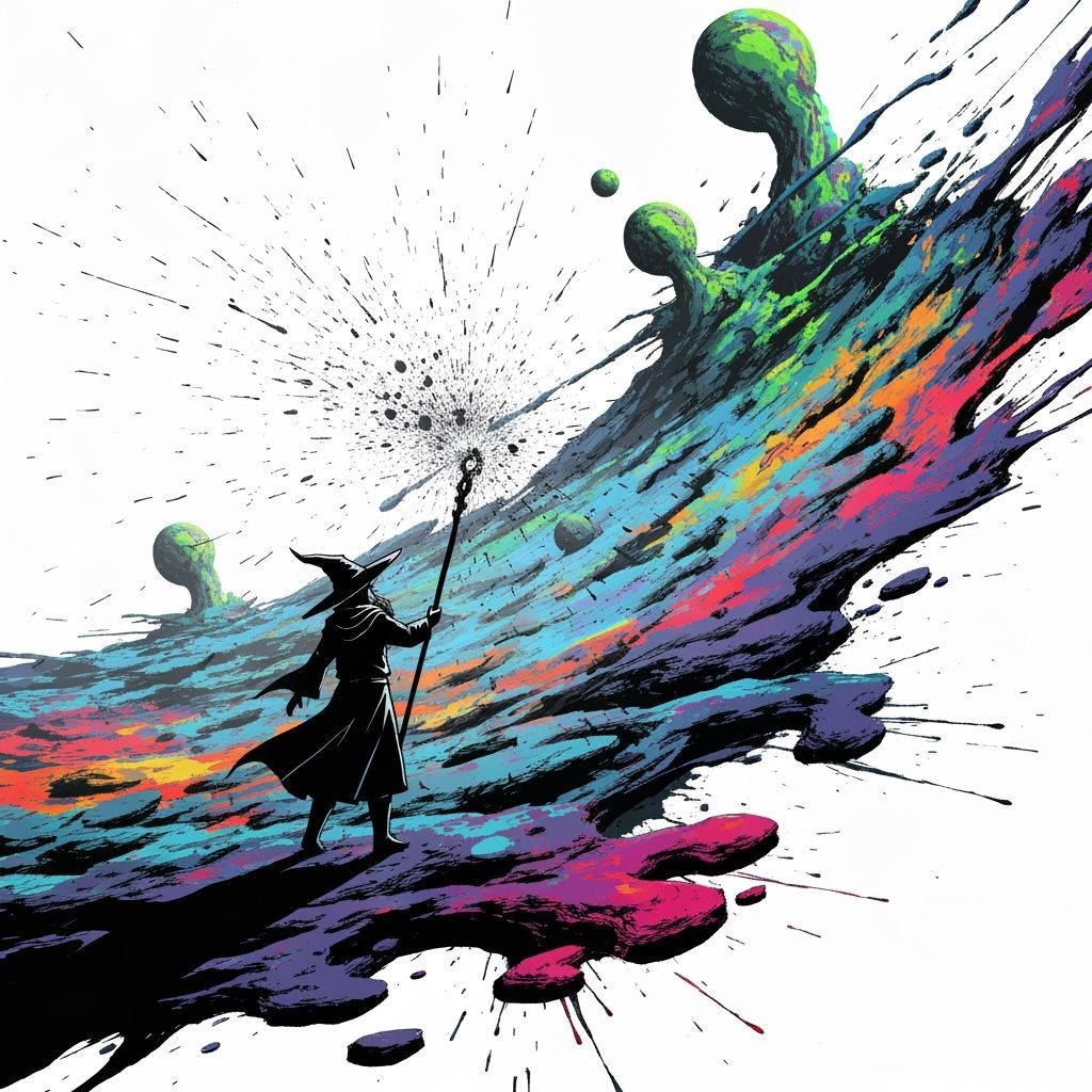 Wizard Exploring Surreal Alien Landscape in Ink Splatter Art
