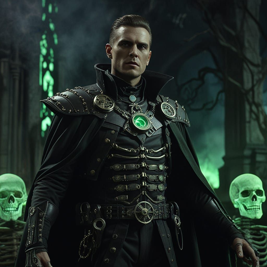 Steampunk Necromancer in Graveyard at Golden Hour