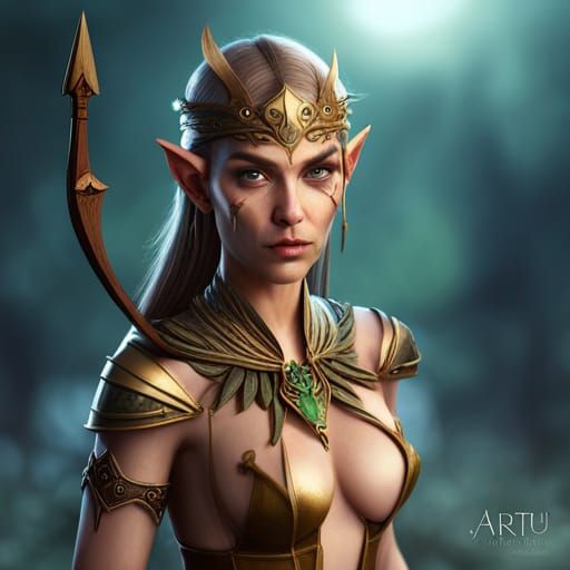 Wood Elf Portrait with Bow, Fantasy Concept Art