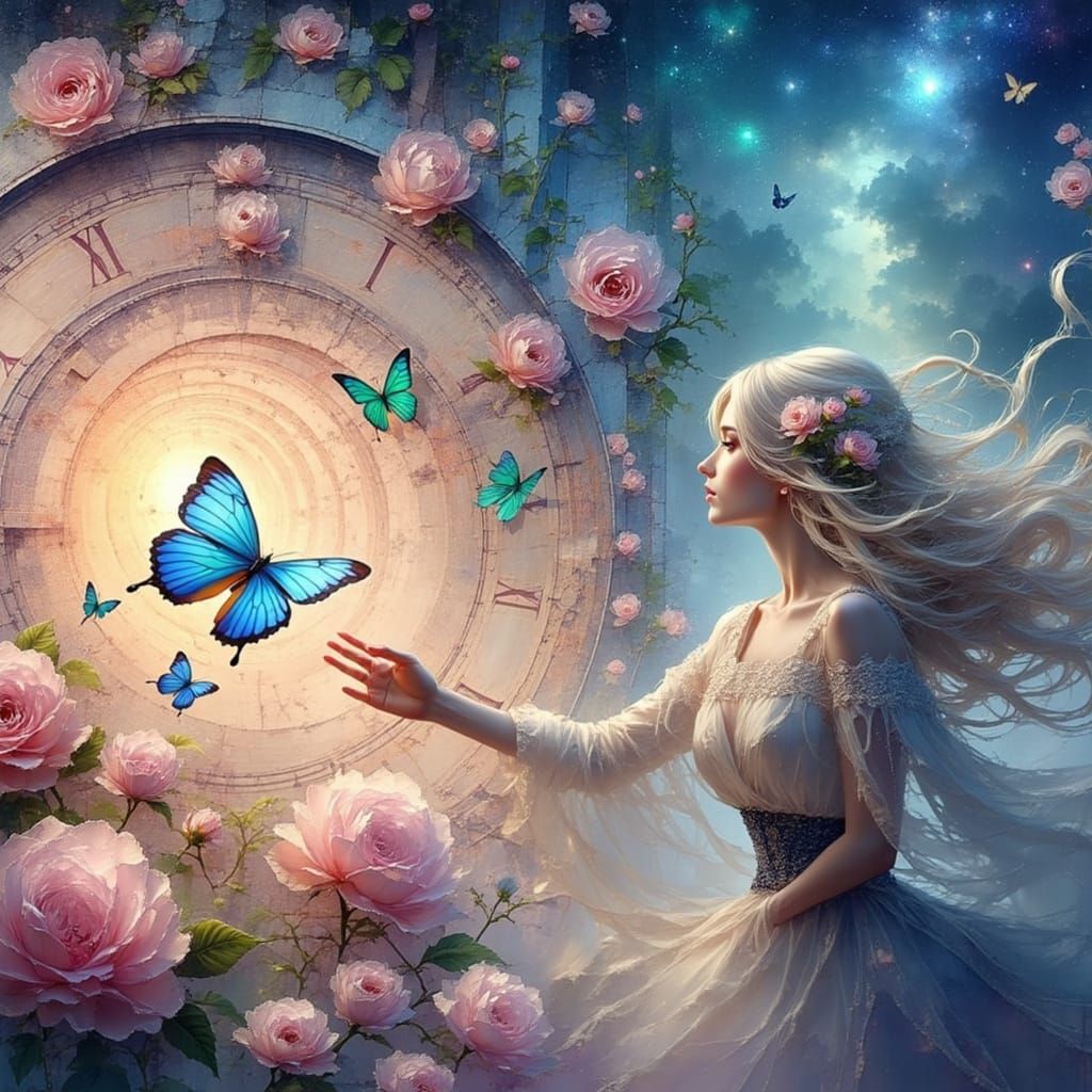 Enchanted Woman in Front of Ancient Clock, Surrounded by Whi...