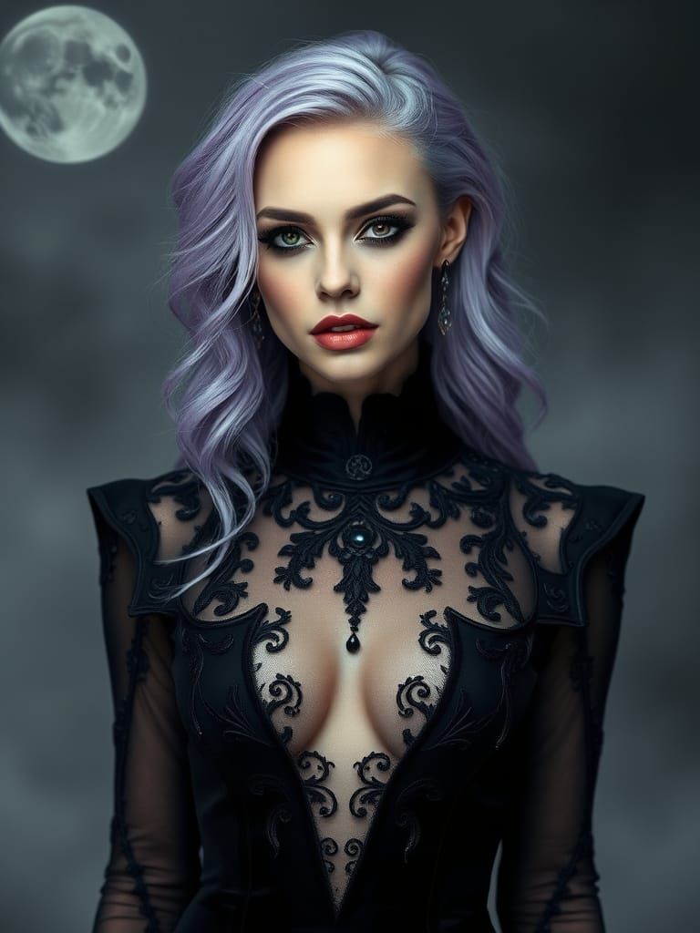 Ethereal Gothic Goddess with Lavender Hair and Black Gown