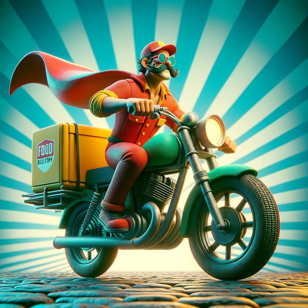 Heroic Food Delivery Rider on Motorcycle in Fun Style